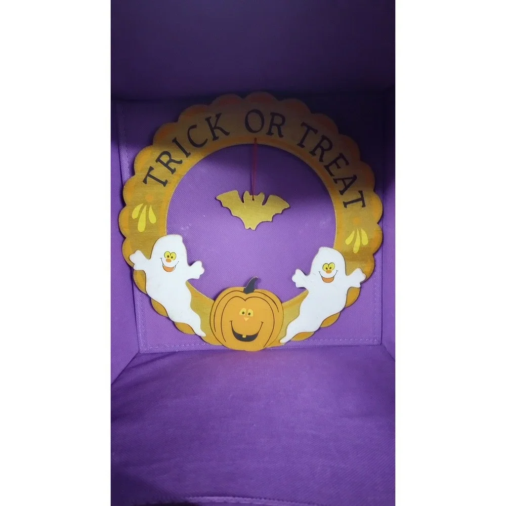 Vtg 80s 90s Halloween Trick or Treat Wooden Wreath Door Hanger Ghost Pumpkin Bat
